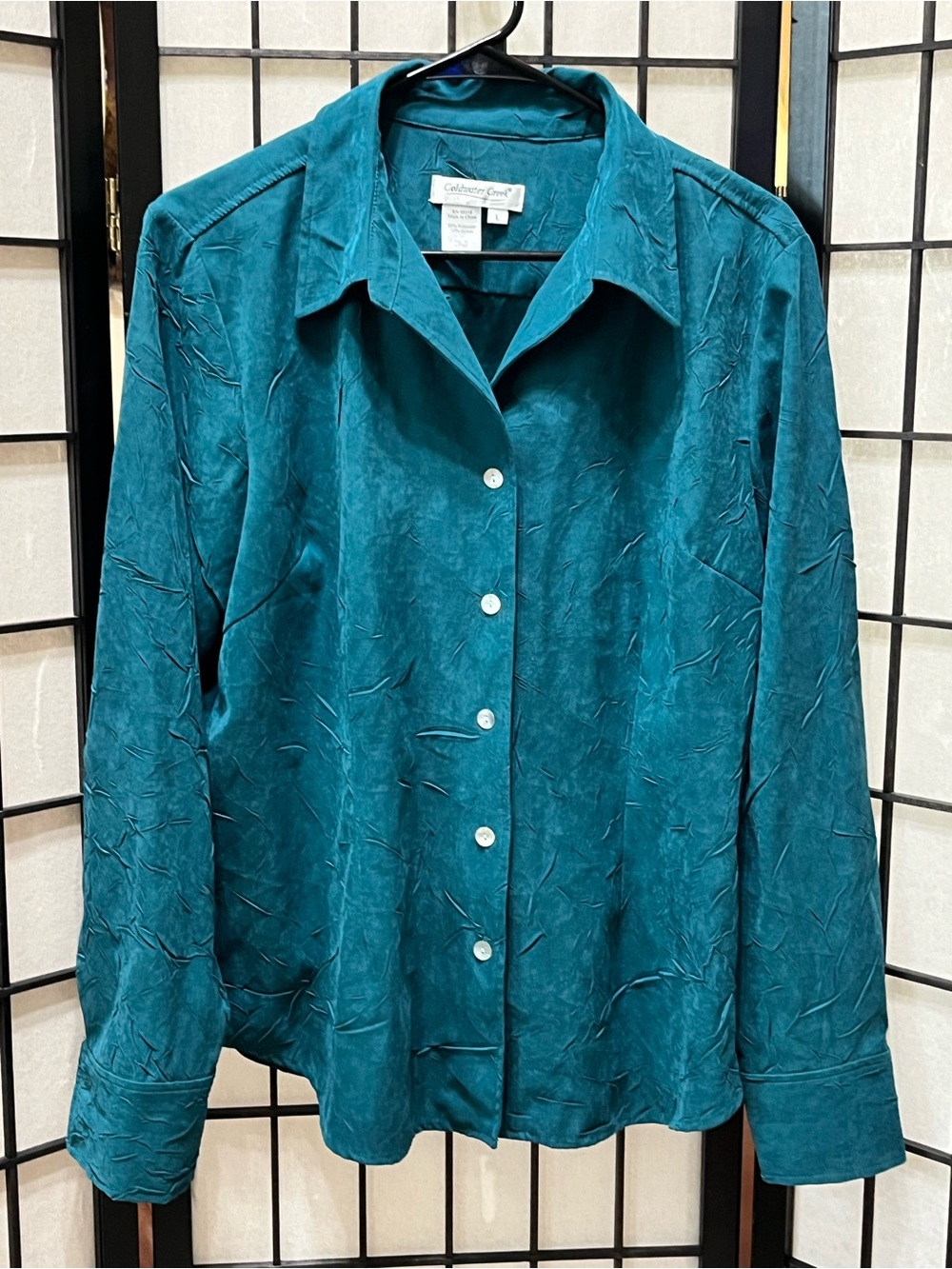 COLDWATER CREEK FAUX SUEDE RICH Teal Button-Up CRINKLE Blouse SIZE L